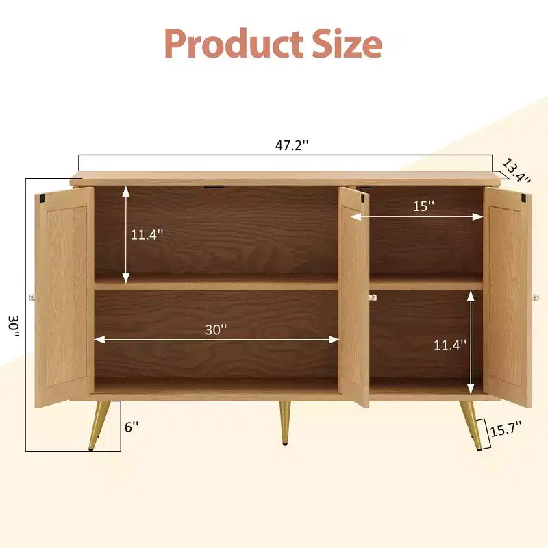 Meuble de rangement en rotin, buffet moderne, meuble d'appoint avec portes décorées en rotin et grand espace de rangement pour le salon