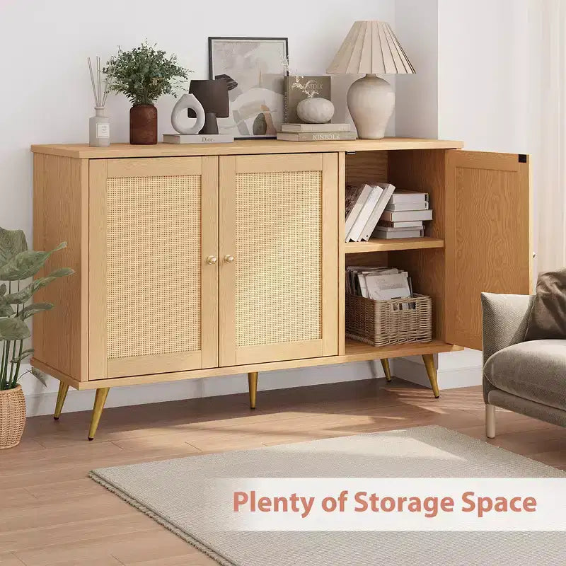 Meuble de rangement en rotin, buffet moderne, meuble d'appoint avec portes décorées en rotin et grand espace de rangement pour le salon