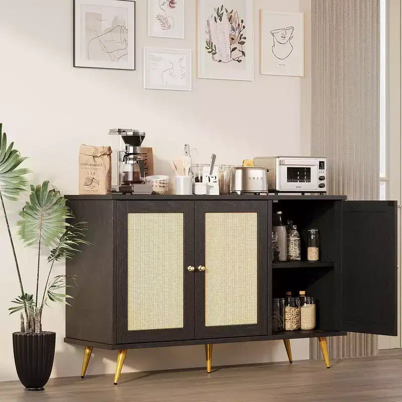 Meuble de rangement en rotin, buffet moderne, meuble d'appoint avec portes décorées en rotin et grand espace de rangement pour le salon