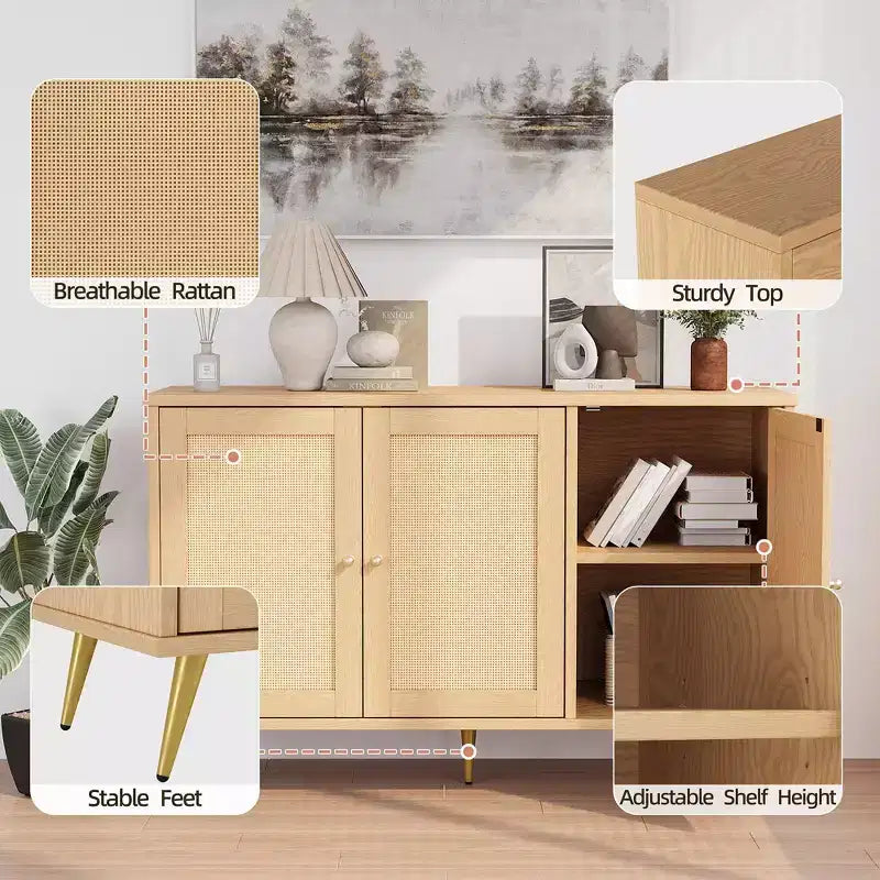 Meuble de rangement en rotin, buffet moderne, meuble d'appoint avec portes décorées en rotin et grand espace de rangement pour le salon
