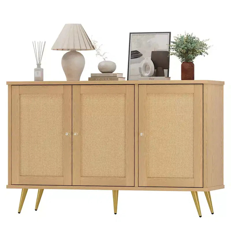 Meuble de rangement en rotin, buffet moderne, meuble d'appoint avec portes décorées en rotin et grand espace de rangement pour le salon