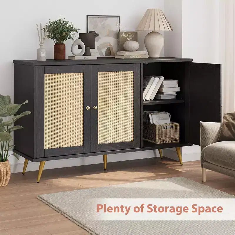 Meuble de rangement en rotin, buffet moderne, meuble d'appoint avec portes décorées en rotin et grand espace de rangement pour le salon