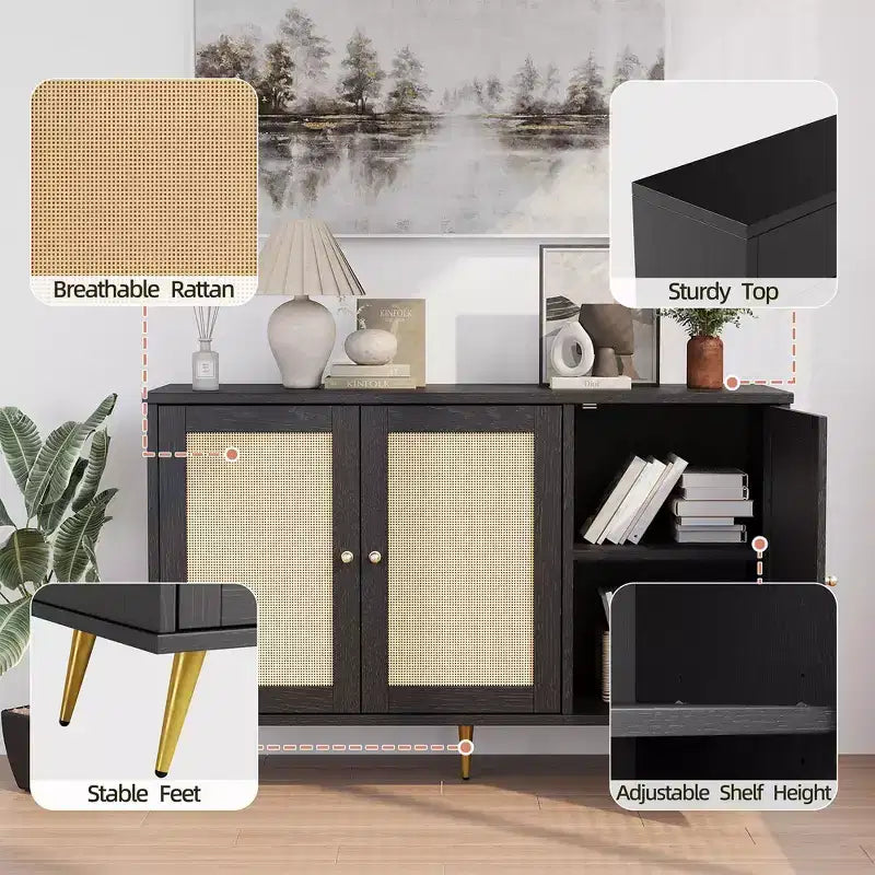Meuble de rangement en rotin, buffet moderne, meuble d'appoint avec portes décorées en rotin et grand espace de rangement pour le salon