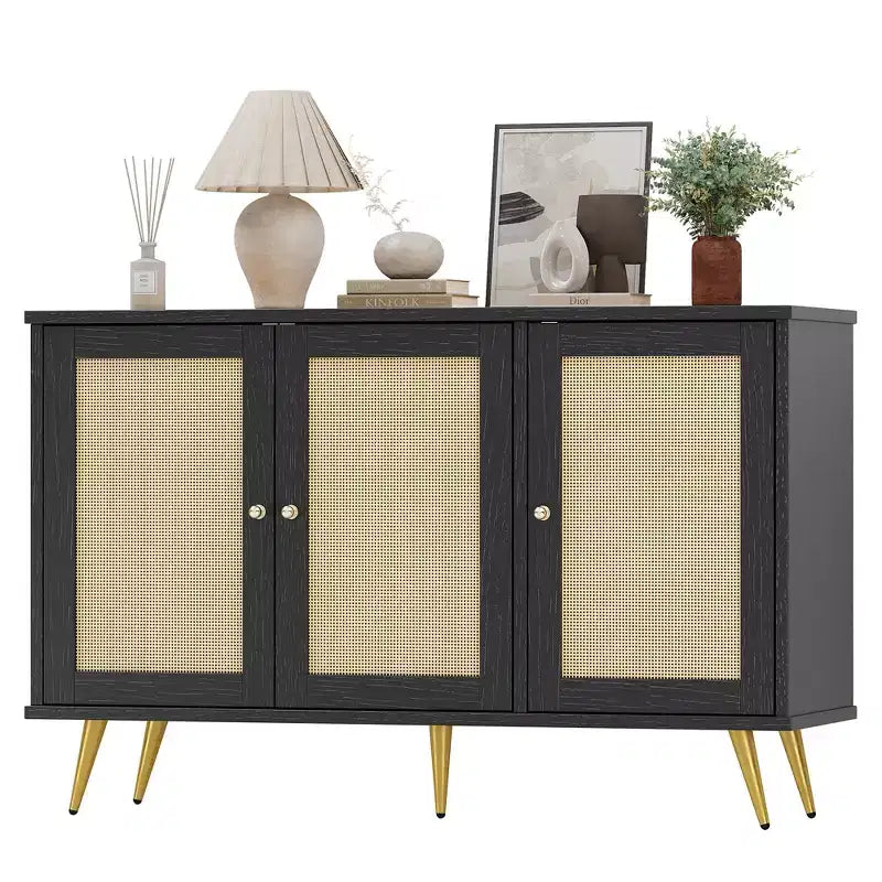 Meuble de rangement en rotin, buffet moderne, meuble d'appoint avec portes décorées en rotin et grand espace de rangement pour le salon