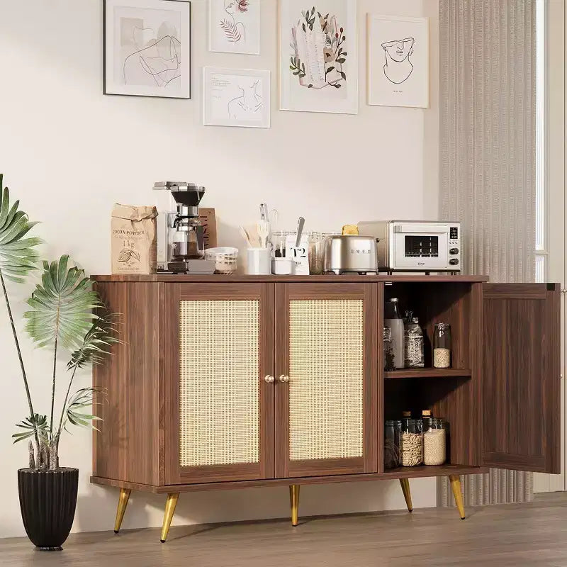 Meuble de rangement en rotin, buffet moderne, meuble d'appoint avec portes décorées en rotin et grand espace de rangement pour le salon