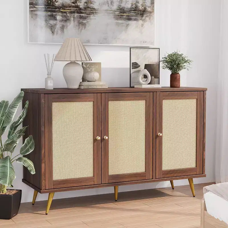 Meuble de rangement en rotin, buffet moderne, meuble d'appoint avec portes décorées en rotin et grand espace de rangement pour le salon