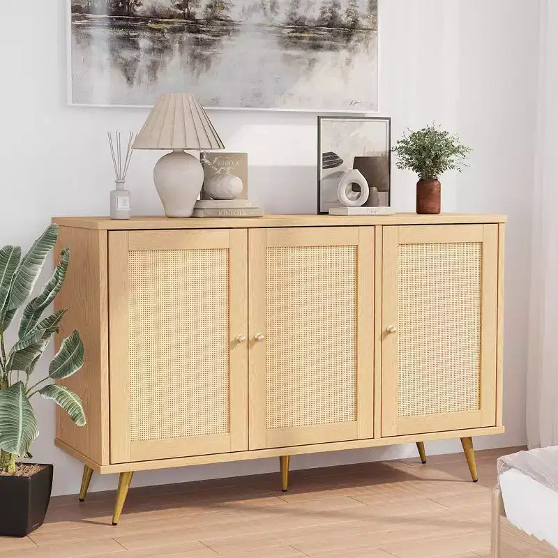 Meuble de rangement en rotin, buffet moderne, meuble d'appoint avec portes décorées en rotin et grand espace de rangement pour le salon