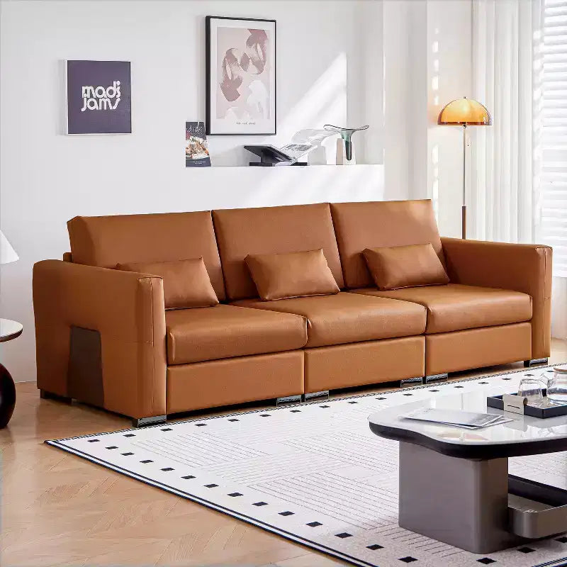 Canapé 4 places en cuir orange 108,7 avec larges accoudoirs carrés, design moderne du milieu du siècle avec pieds en métal, 3 oreillers, pour salon