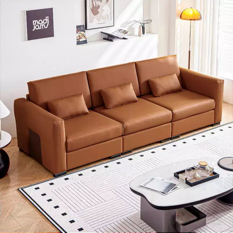 Canapé 4 places en cuir orange 108,7 avec larges accoudoirs carrés, design moderne du milieu du siècle avec pieds en métal, 3 oreillers, pour salon