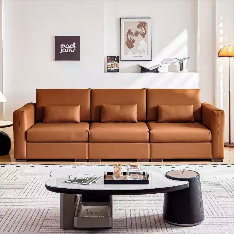 Canapé 4 places en cuir orange 108,7 avec larges accoudoirs carrés, design moderne du milieu du siècle avec pieds en métal, 3 oreillers, pour salon