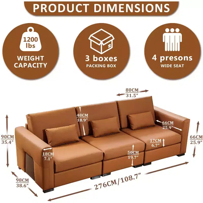 Canapé 4 places en cuir orange 108,7 avec larges accoudoirs carrés, design moderne du milieu du siècle avec pieds en métal, 3 oreillers, pour salon