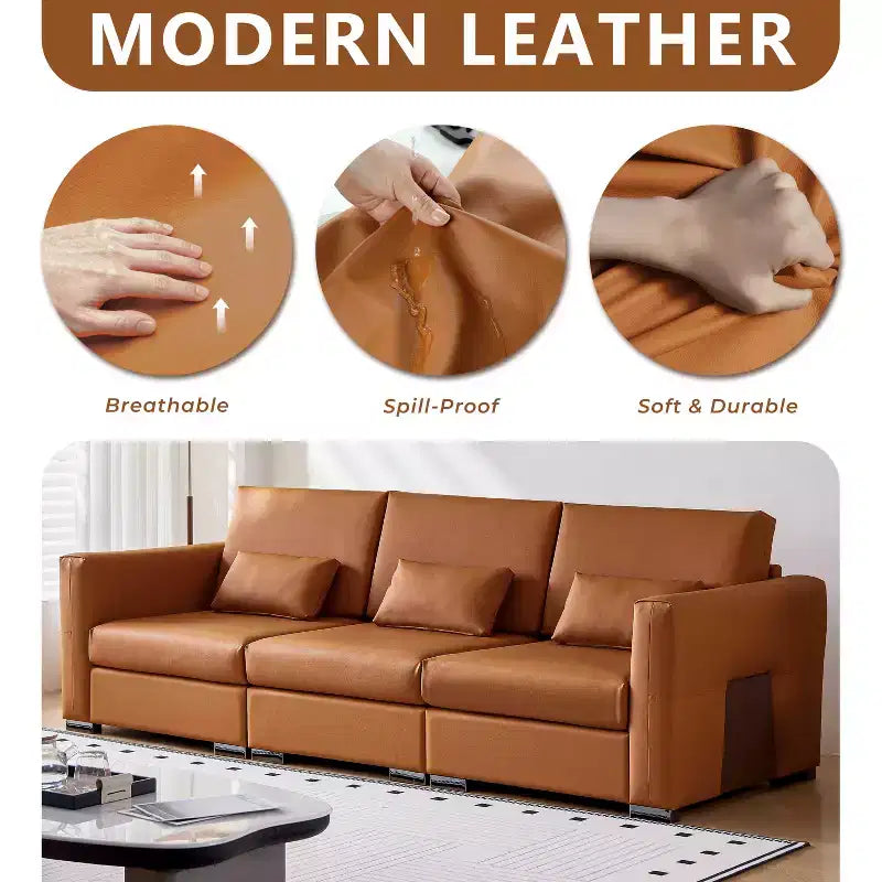 Canapé 4 places en cuir orange 108,7 avec larges accoudoirs carrés, design moderne du milieu du siècle avec pieds en métal, 3 oreillers, pour salon