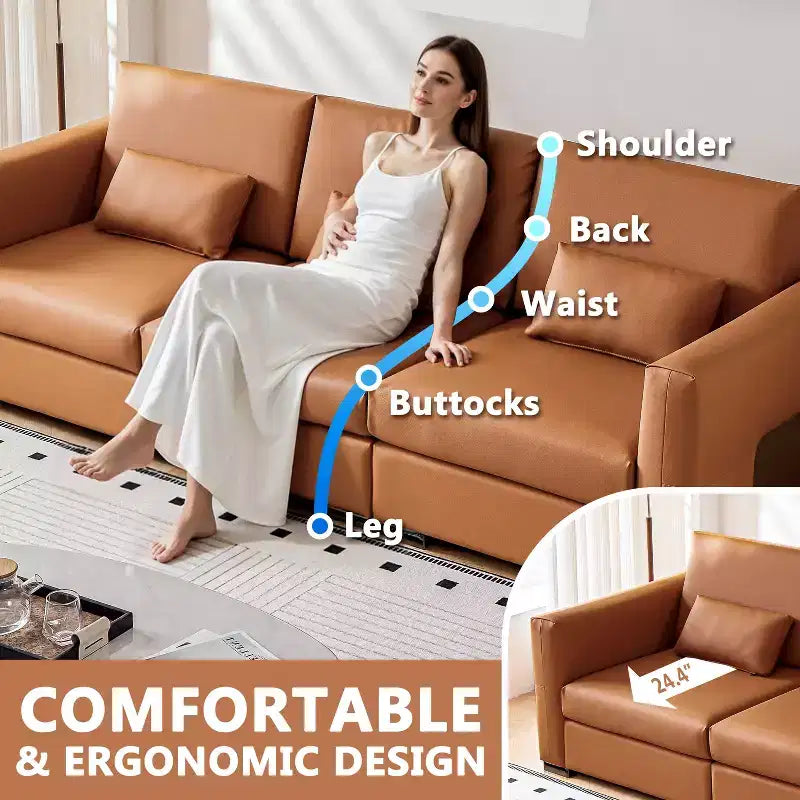 Canapé 4 places en cuir orange 108,7 avec larges accoudoirs carrés, design moderne du milieu du siècle avec pieds en métal, 3 oreillers, pour salon