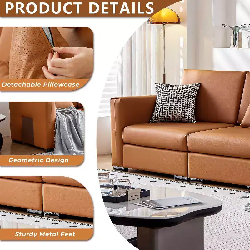 Canapé 4 places en cuir orange 108,7 avec larges accoudoirs carrés, design moderne du milieu du siècle avec pieds en métal, 3 oreillers, pour salon