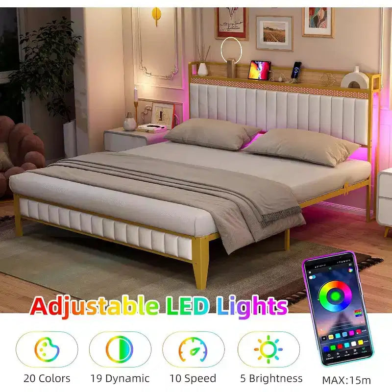 Lit Plateforme avec Cadre de Lit LED, Rembourré avec Station de Recharge et Tête de Lit Rangement, Support Solide à Lattes Métalliques, Silencieux (Noir)