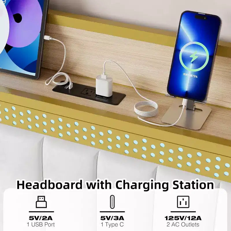 Lit Plateforme avec Cadre de Lit LED, Rembourré avec Station de Recharge et Tête de Lit Rangement, Support Solide à Lattes Métalliques, Silencieux (Noir)