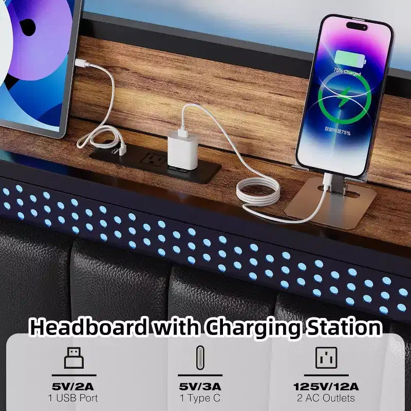 Lit Plateforme avec Cadre de Lit LED, Rembourré avec Station de Recharge et Tête de Lit Rangement, Support Solide à Lattes Métalliques, Silencieux (Noir)