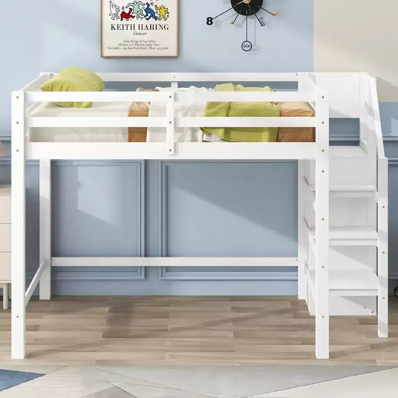 Clihome Full Size Loft Bed with Built-in Storage Wardrobe and Staircase