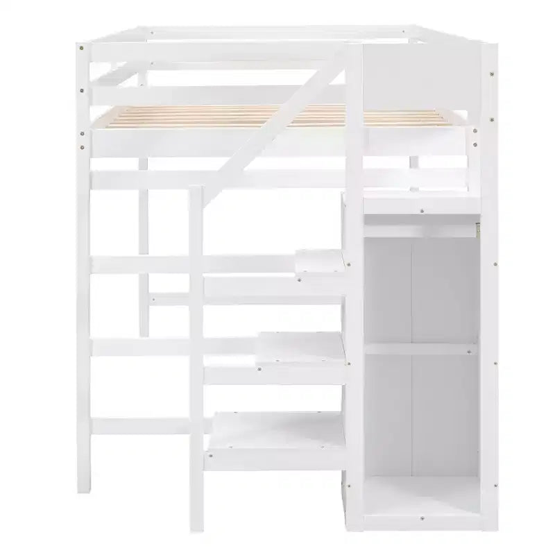 Lit mezzanine pleine grandeur avec armoire de rangement intégrée et escalier