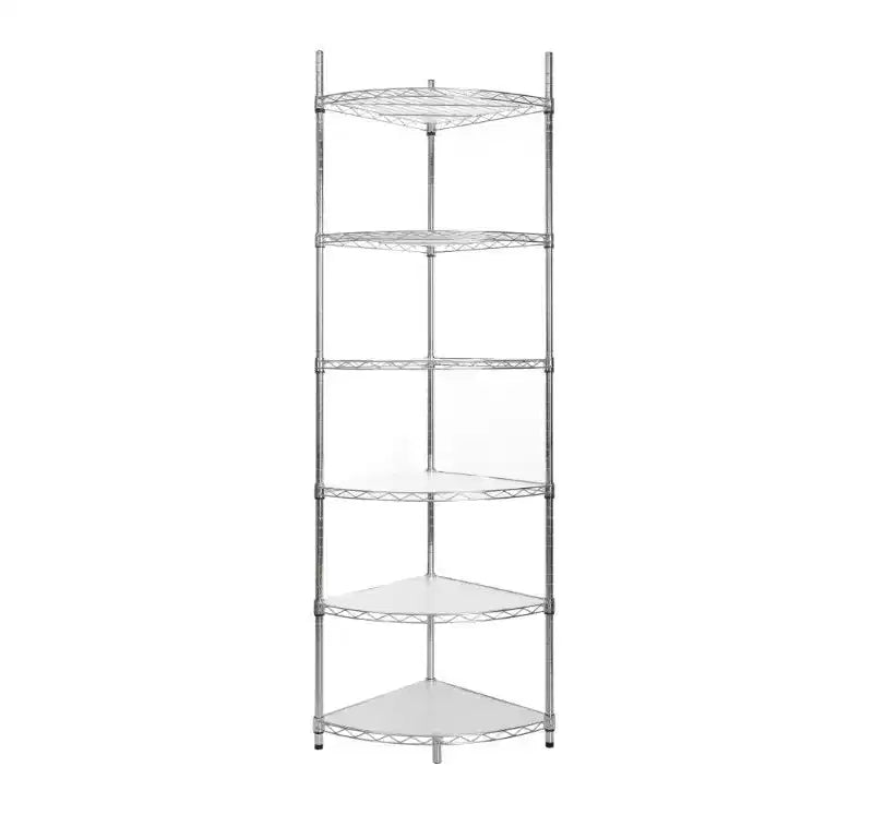 Étagère d'angle en fil métallique à 6 niveaux, réglable, robuste (fer + plastique) - Chrome