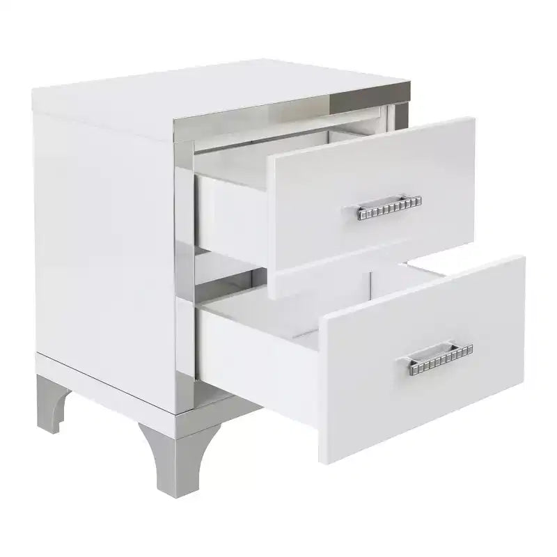 Table de chevet élégante haute brillance, table de chevet miroir avec poignée en métal et 2 tiroirs