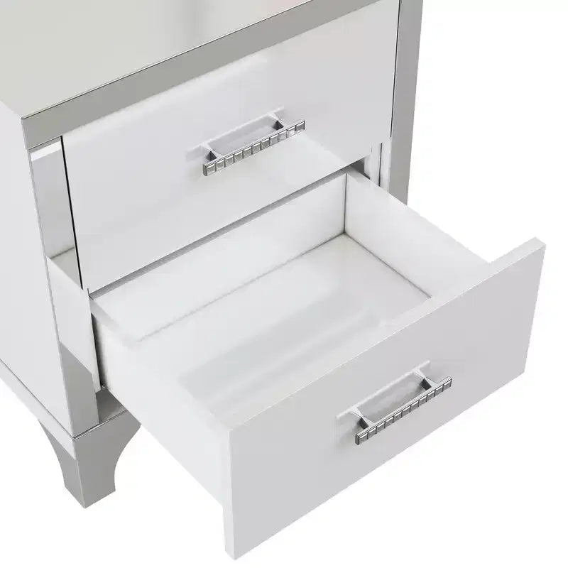 Table de chevet élégante haute brillance, table de chevet miroir avec poignée en métal et 2 tiroirs