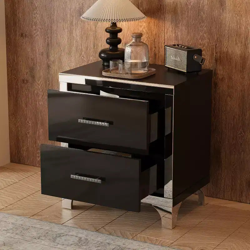Table de chevet élégante haute brillance, table de chevet miroir avec poignée en métal et 2 tiroirs