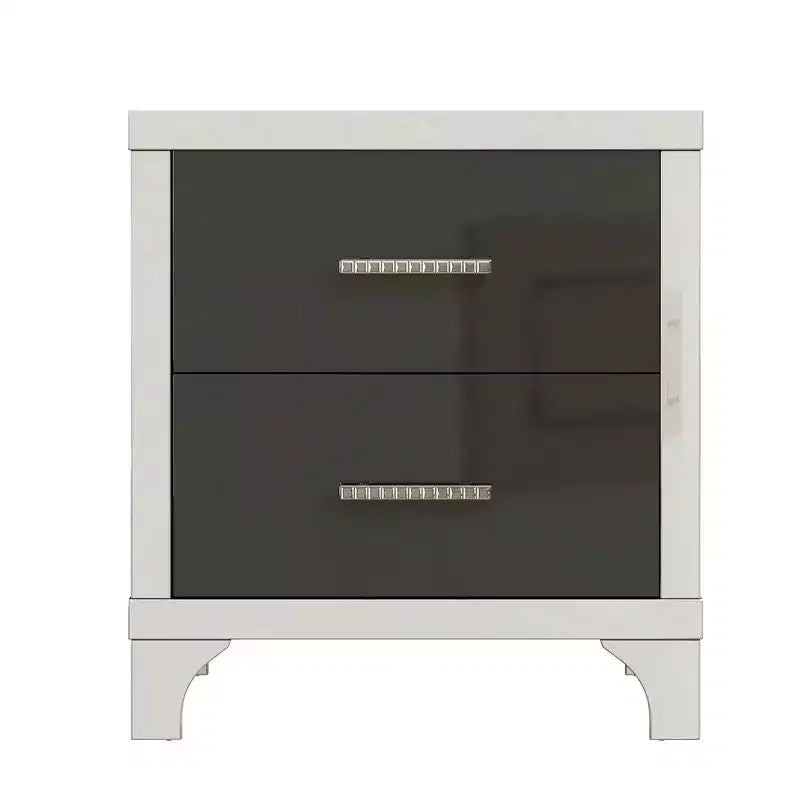 Table de chevet élégante haute brillance, table de chevet miroir avec poignée en métal et 2 tiroirs