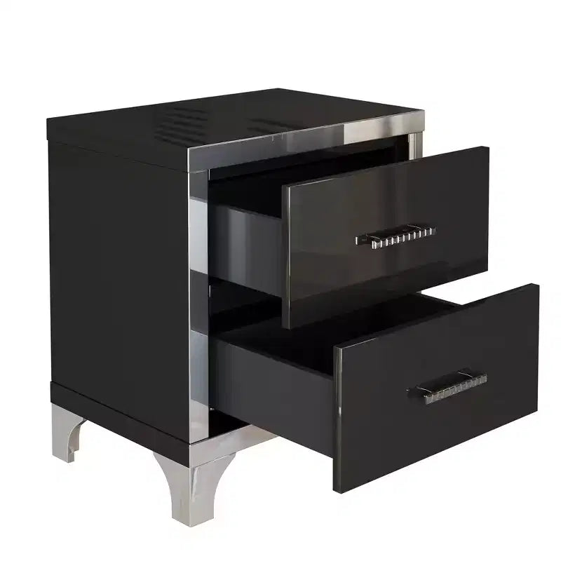 Table de chevet élégante haute brillance, table de chevet miroir avec poignée en métal et 2 tiroirs