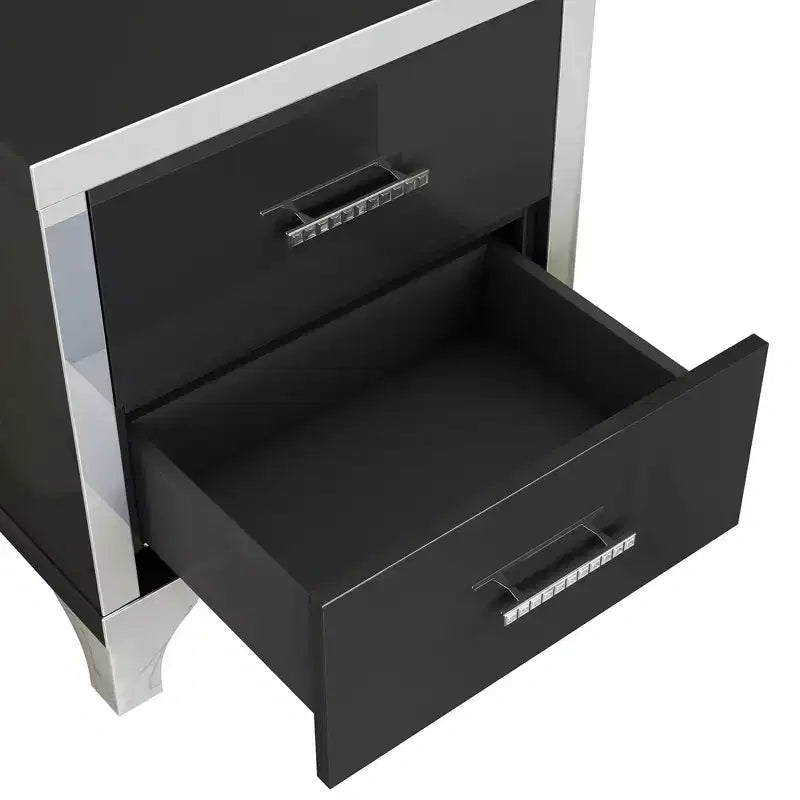 Table de chevet élégante haute brillance, table de chevet miroir avec poignée en métal et 2 tiroirs
