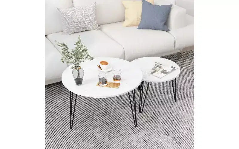 Lot de 2 tables basses gigognes rondes, plateau imitation marbre, cadre en métal, table basse pour salon, tables d'appoint gigognes circulaires