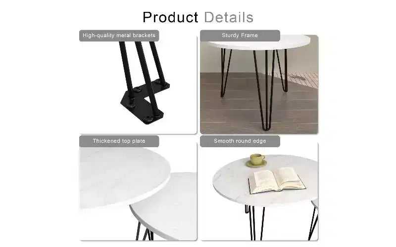 Lot de 2 tables basses gigognes rondes, plateau imitation marbre, cadre en métal, table basse pour salon, tables d'appoint gigognes circulaires
