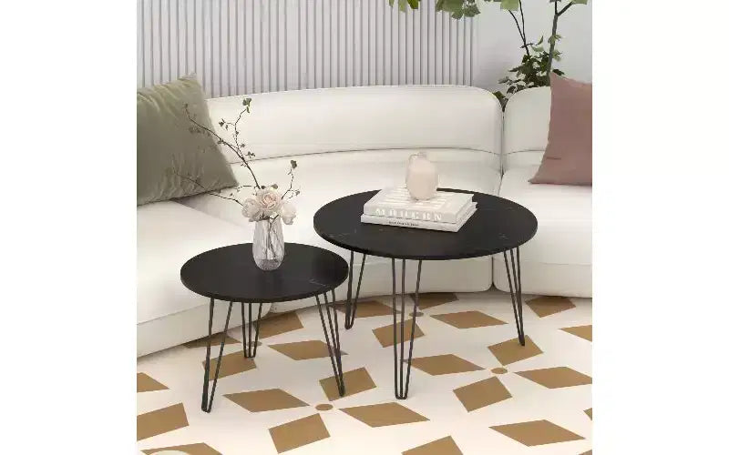 Lot de 2 tables basses gigognes rondes, plateau imitation marbre, cadre en métal, table basse pour salon, tables d'appoint gigognes circulaires