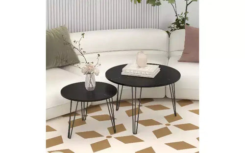 Lot de 2 tables basses gigognes rondes, plateau imitation marbre, cadre en métal, table basse pour salon, tables d'appoint gigognes circulaires