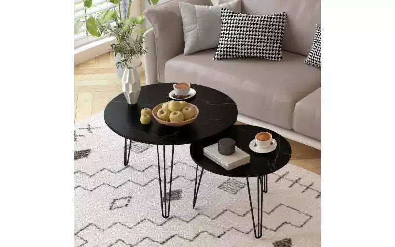 Lot de 2 tables basses gigognes rondes, plateau imitation marbre, cadre en métal, table basse pour salon, tables d'appoint gigognes circulaires