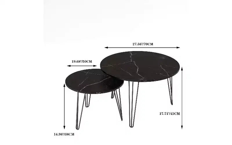 Lot de 2 tables basses gigognes rondes, plateau imitation marbre, cadre en métal, table basse pour salon, tables d'appoint gigognes circulaires