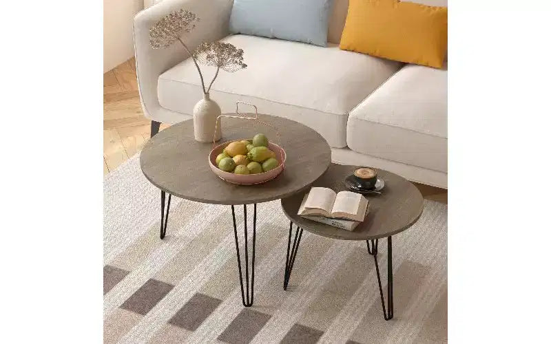Lot de 2 tables basses gigognes rondes, plateau imitation marbre, cadre en métal, table basse pour salon, tables d'appoint gigognes circulaires