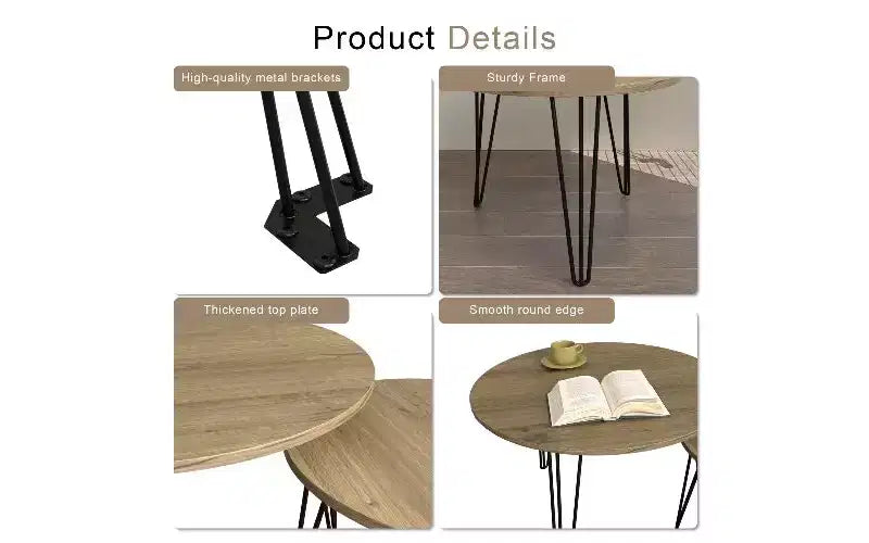 Lot de 2 tables basses gigognes rondes, plateau imitation marbre, cadre en métal, table basse pour salon, tables d'appoint gigognes circulaires