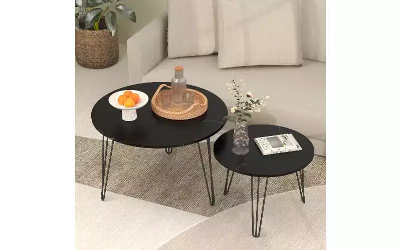 Lot de 2 tables basses gigognes rondes, plateau imitation marbre, cadre en métal, table basse pour salon, tables d'appoint gigognes circulaires