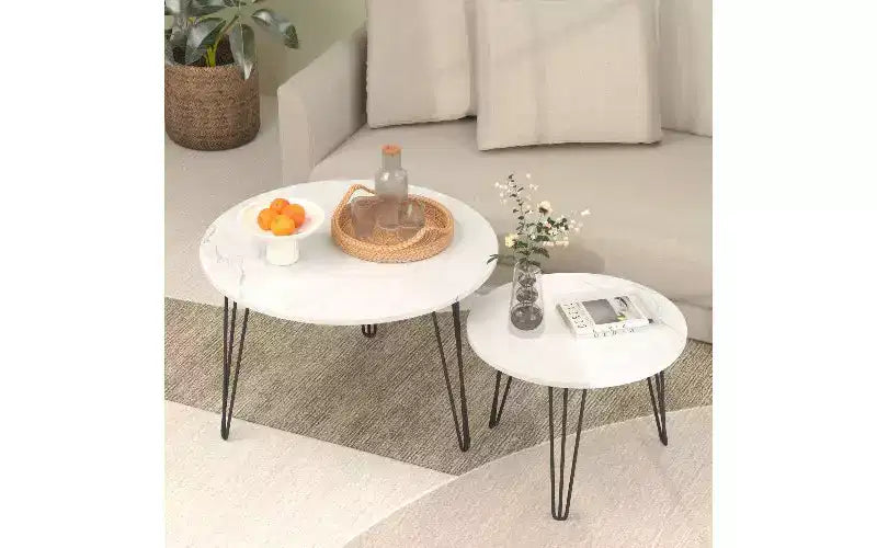 Lot de 2 tables basses gigognes rondes, plateau imitation marbre, cadre en métal, table basse pour salon, tables d'appoint gigognes circulaires