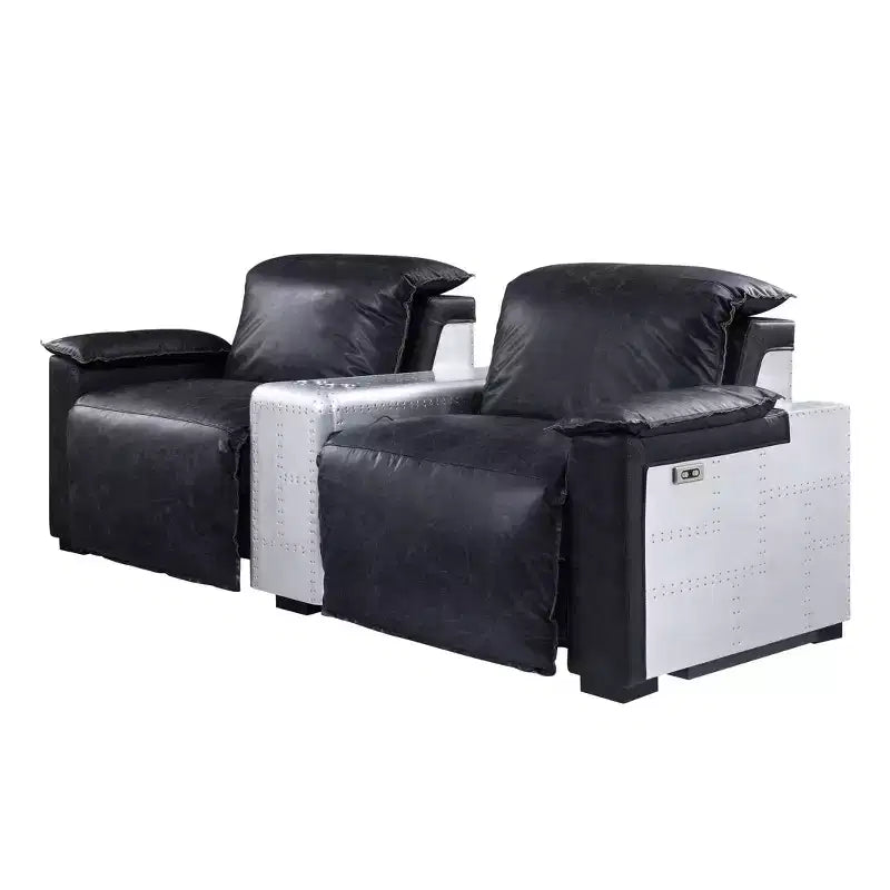 Canapés Inclinables Électriques 86", Cuir Fleur Supérieur Noir et Aluminium