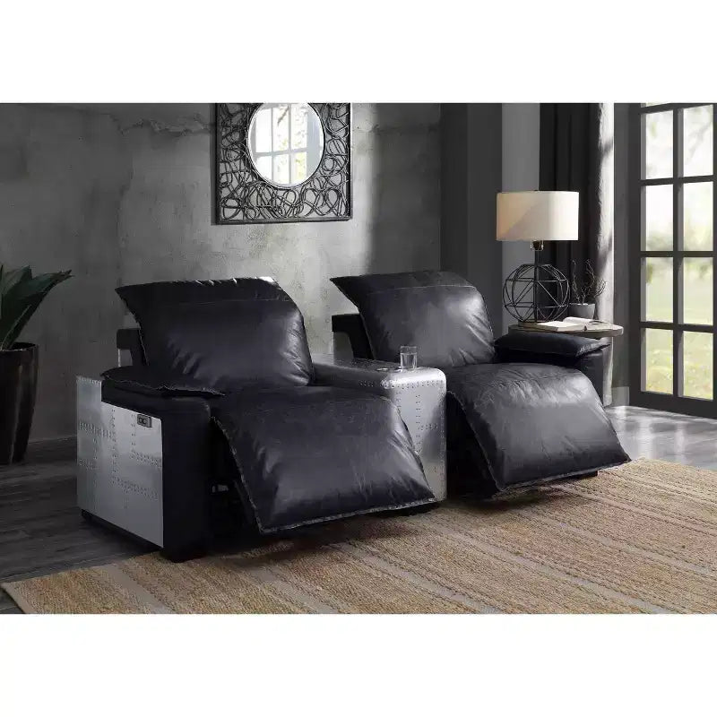 Canapés Inclinables Électriques 86", Cuir Fleur Supérieur Noir et Aluminium