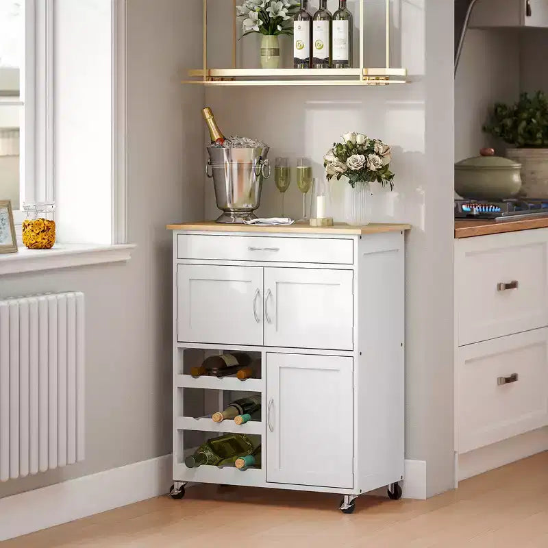 Chariot de bar roulant avec support à vin 9 bouteilles, petit chariot de cuisine avec rangements, comptoir en bois, blanc