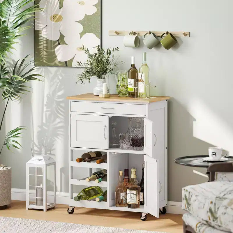 Chariot de bar roulant avec support à vin 9 bouteilles, petit chariot de cuisine avec rangements, comptoir en bois, blanc