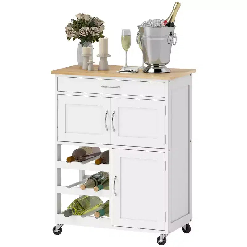 Chariot de bar roulant avec support à vin 9 bouteilles, petit chariot de cuisine avec rangements, comptoir en bois, blanc