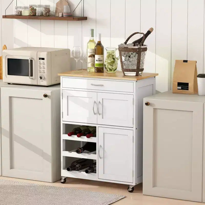 Chariot de bar roulant avec support à vin 9 bouteilles, petit chariot de cuisine avec rangements, comptoir en bois, blanc